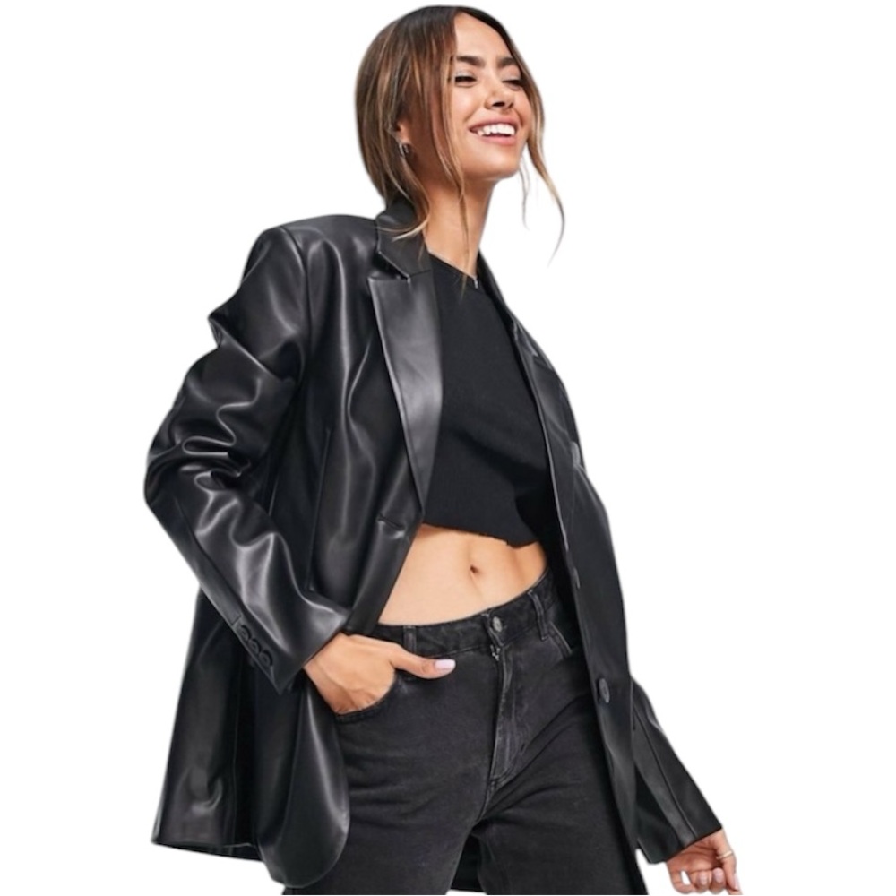 Pull&Bear Black Feaux Leather Oversized Blazer Size XS 24